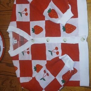 Red and White Fruit Pattern Cardigan